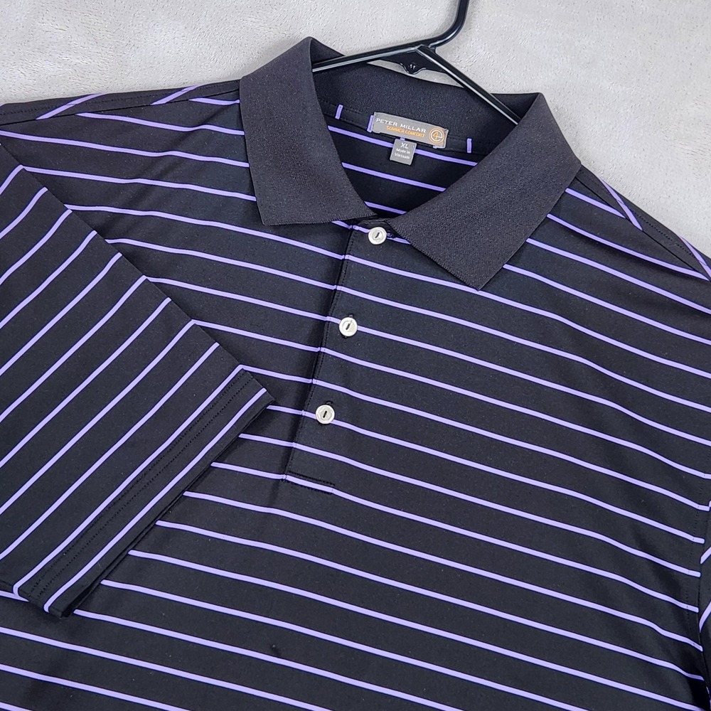 Peter Millar Polo Shirt Mens XL Black Purple Stripe Summer Comfort Golf Stretch